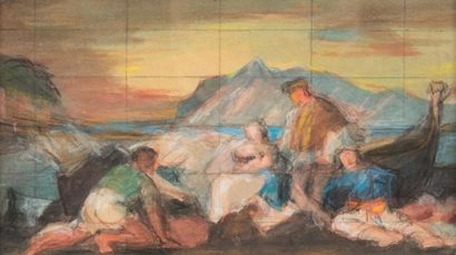 null École provençale du XIXème siècle.

Personnages près d’une barque.

Pastel....