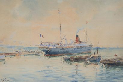 null Gilbert GALLAND (1870-1956)

Paquebot dans le port d’Alger.

Aquarelle.

Signée...