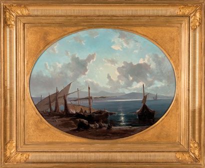 null Vincent COURDOUAN (1810-1893)
Pêcheurs sur la plage. 1864.
Huile sur panneau.
Signée...