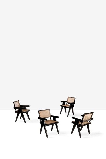 Pierre Jeanneret (1896-1967) 
Suite de quatre fauteuils dits Office chair
Canne de...