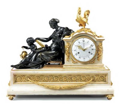 null Pendule à l'Etude en bronze patiné et doré, et marbre blanc d'époque Louis XVI...