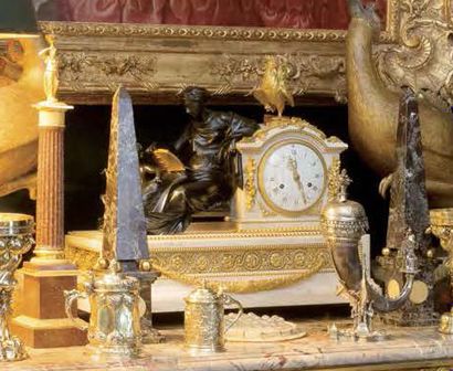 null Pendule à l'Etude en bronze patiné et doré, et marbre blanc d'époque Louis XVI...