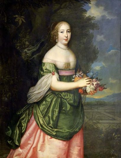 Attribué à Henri et Charles Beaubrun PORTRAIT D'UNE JEUNE FEMME TENANT UN BOUQUET...