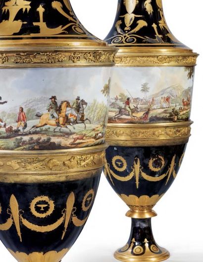 null Rare paire de grands vases fuseau à bandeau en porcelaine de Paris de la manufacture...