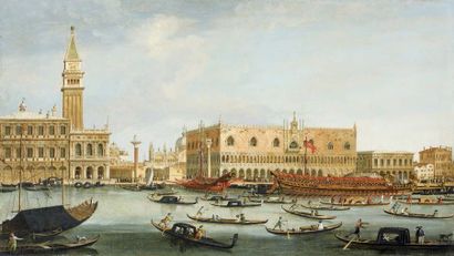 Vincenzo Chilone Venise 1758 - 1839 VENISE, LE BUCENTAURE PRÈS DU PALAZZO DUCALE
Signée...