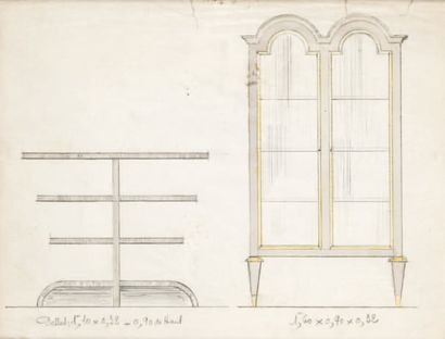 Eugène PRINTZ (1889-1948) Projet de mobilier représentant une table à étagères et...
