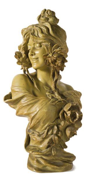 Friedrich GOLDSCHEIDER (1845-1897) Jeune fille aux fleurs. Buste en terre cuite polychrome...