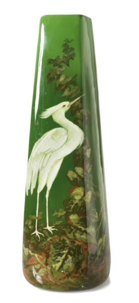 Delphin MASSIER (1836-1907) Grand vase tubulaire à quatre pans à décor à la barbotine...