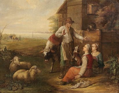 Jacob van STRY (Dordrecht 1756-1815) Scène galante campagnarde. Toile. Signée et...