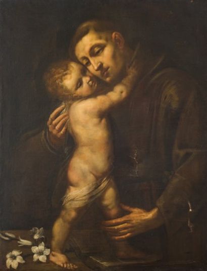Ecole Italienne du XVIIème siècle Saint Antoine et l'enfant Jésus. Toile. 14 x 89...