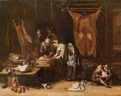 Hendrick Maartensz SORGH (1611-1670) Intérieur de boucherie. Panneau. Signé en bas...