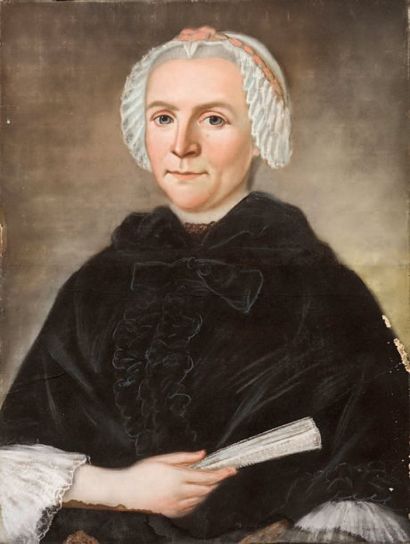 Ecole Française de la fin du XVIIIème siècle Portrait d'une femme à l'éventail. Pastel....