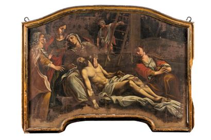 Ecole Bolonaise vers 1650 La déposition du Christ. Toile. 140 x 215 cm.