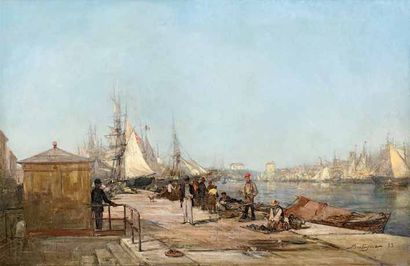 Paul BISTAGNÉ (1850-1886) Promeneurs et pêcheurs sur le Quai de Rive Neuve. 
Huile...