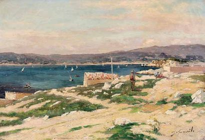 Alfred CASILE (1848-1909) La rade de Marseille, vue de la Corniche. 
Huile sur toile....