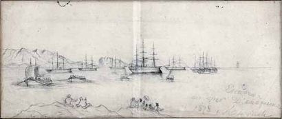 Anonyme L'escadre en mer d'Endoume en 1878. Dessin. 33 x 78 cm.