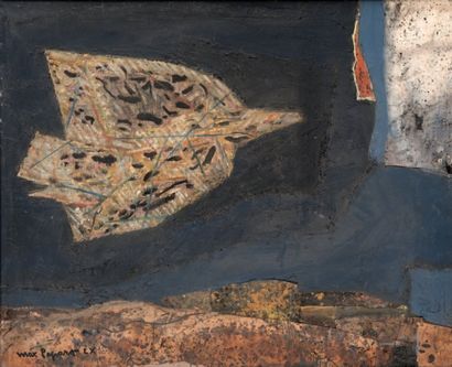 - MAX PAPART (1911-1994) Oiseau nocturne,1960. Huile sur toile avec collages. Signée...