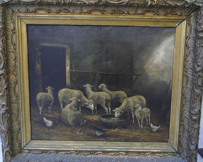 Albin Philippe de BUNCEY (XIX-XX) Moutons dans l'étable. Huile sur panneau. Signée...