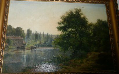 Gabriel MATHIEU (1843- 1921) Paysage au moulin. Huile sur toile. Signée en bas à...