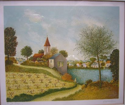GHIGLION-GREEN Paysage. Epreuve d'artiste. Signée en bas à droite. 45 x 53 cm.
