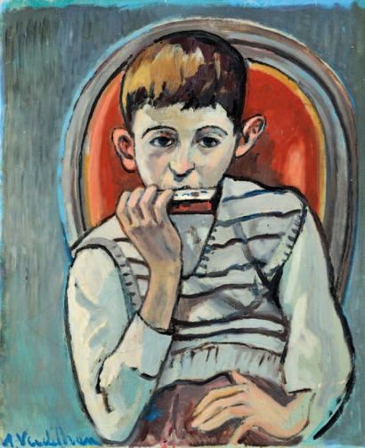 ANDRE VERDILHAN (1881-1963) Enfant à l'harmonica. Huile sur toile. Signée en bas...