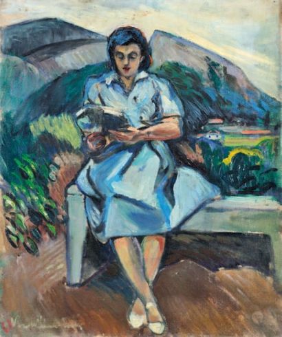 ANDRE VERDILHAN (1881-1963) Femme au livre. Huile sur toile. Signée en bas à gauche....