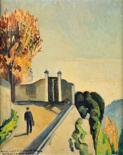 ANDRE VERDILHAN (1881-1963) Sur le chemin. Huile sur panneau. Signée en bas à gauche....