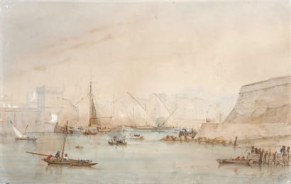 - Louis Amable CRAPELET (1822-1867) L'entrée du port de Marseille. Aquarelle. Signée...