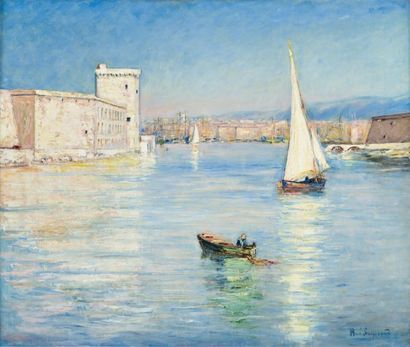 - René SEYSSAUD (1867-1952) L'entrée du port de Marseille. Huile sur toile. Signée...