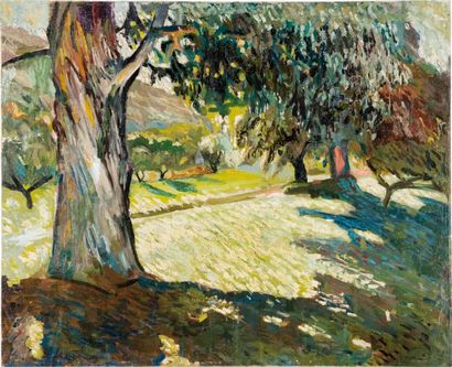 - Alfred LOMBARD (1884-1973) Paysage au grand arbre. Vers 1905. Huile sur toile....