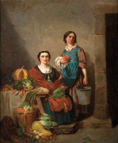 - Dominique Antoine MAGAUD (1817-1899) Les marchandes de légumes. Huile sur toile....