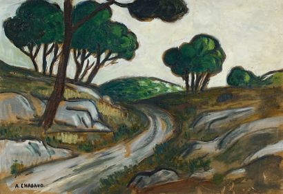 - Auguste CHABAUD (1882-1955) Route des Alpilles. Huile sur carton. Signée en bas...