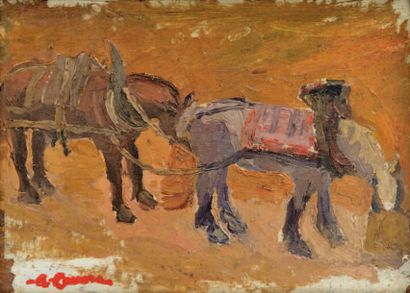 - Augustin CARRERA (1878-1952) Attelage de chevaux. Huile sur carton. Signée en bas...