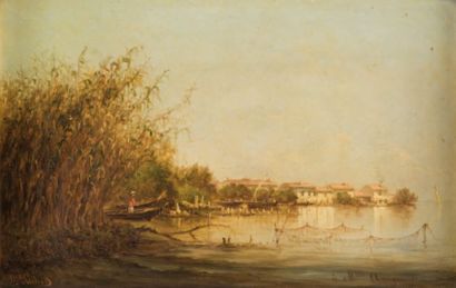 - Joseph SUCHET (1824-1896) Pêcheurs sur l'Etang de Berre. Huile sur panneau. Signée...
