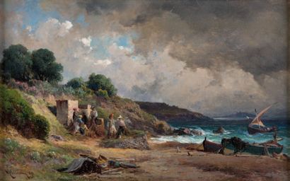 - Vincent COURDOUAN (1810-1893) Grain orageux sur la côte. Huile sur toile. Signée...