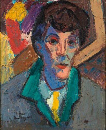 - Pierre AMBROGIANI (1907-1985) Portrait d'homme au col vert. Huile sur toile. Signée...