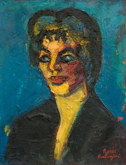 - Pierre AMBROGIANI (1907-1985) Portrait de femme sur fond bleu. Huile sur toile....