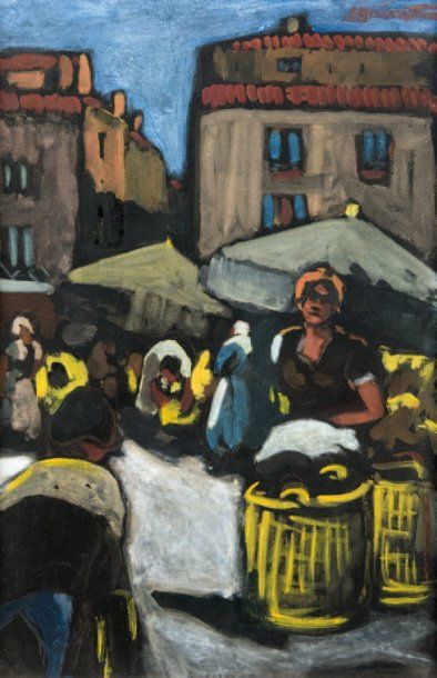 - Jean GUINDON (1883-1976) Marché provençal. Gouache sur papier noir. Signé en haut...