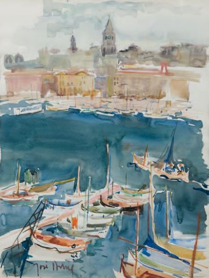 - José ASTRIE (né en 1927) Le Vieux Port. Aquarelle. 64 x 48 cm.