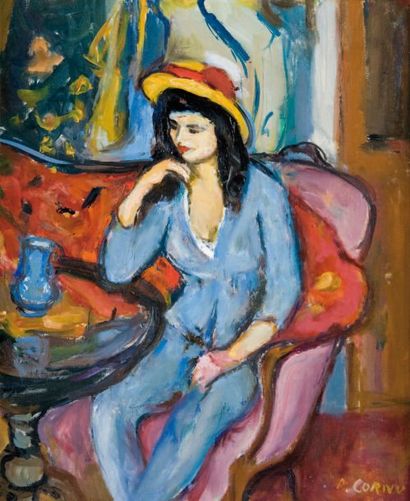 - Pierre CORNU (1895-1996) Portrait de femme pensive. Huile sur toile. Signée en...