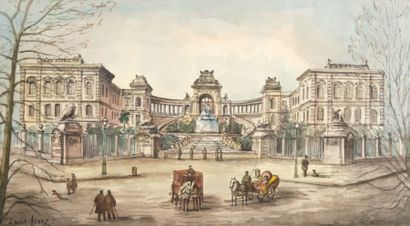 - Emile HENRY (1842-1920) Le palais Longchamp. Aquarelle. Signée en bas à gauche....