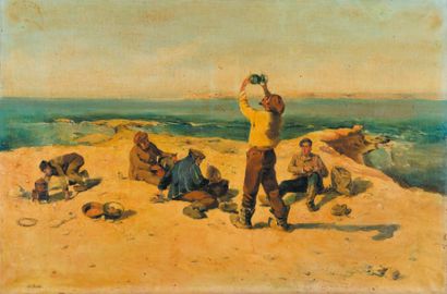 - Alphonse MOUTTE (1840-1913) Le repos des pêcheurs. Huile sur toile. Signée en bas...