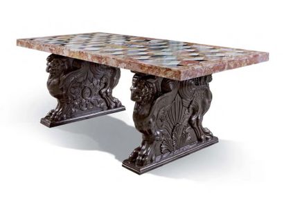 null Table de milieu en marqueterie de marbres et bronze patiné de goût néoclassique...