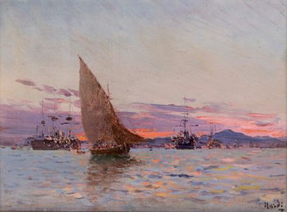 null François NARDI (1861-1936)

Bateaux dans la baie de Toulon.

Huile sur carton.

Signée...