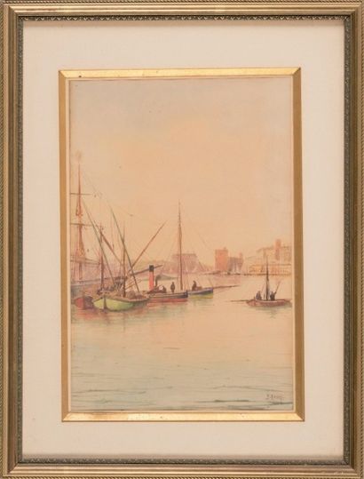 null Émile HENRY (1842-1920)

Bateaux dans le port.

Aquarelle.

Signée en bas à...