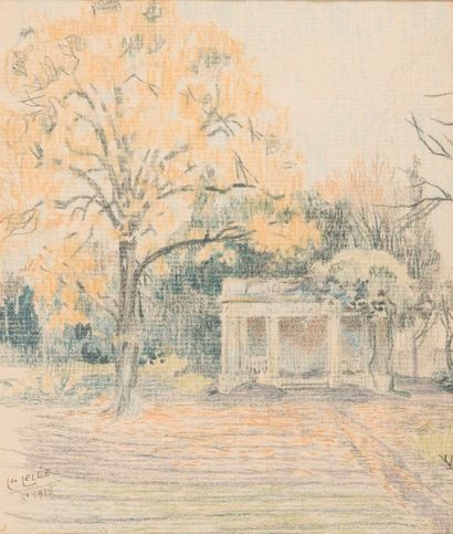 null Léo LELÉE (1872-1947)

Kiosque dans le parc. 1918.

Crayon de couleur.

Signé...