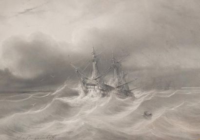 null BOGOLIOUBOV ALEXIS PÉTROVITCH (1824-1896) Navire dans la tempête Lavis d’encre...