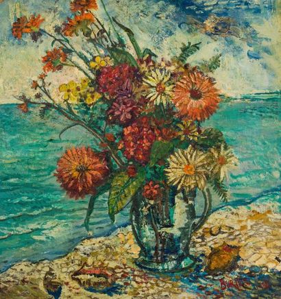 null BURLIUK DAVID (1882-1967) Bouquet de fleurs Huile sur carton Signée et datée...