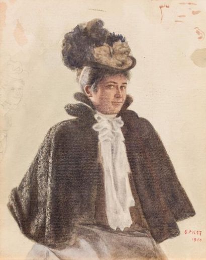 null LÉON BAKST (1866-1924) Portrait de femme et deux esquisses au crayon Aquarelle...