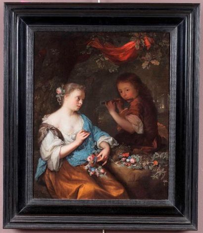 null Arnold BOONEN

(Dordrecht 1669 - Amsterdam 1729)

Jeune fille tressant une couronne...